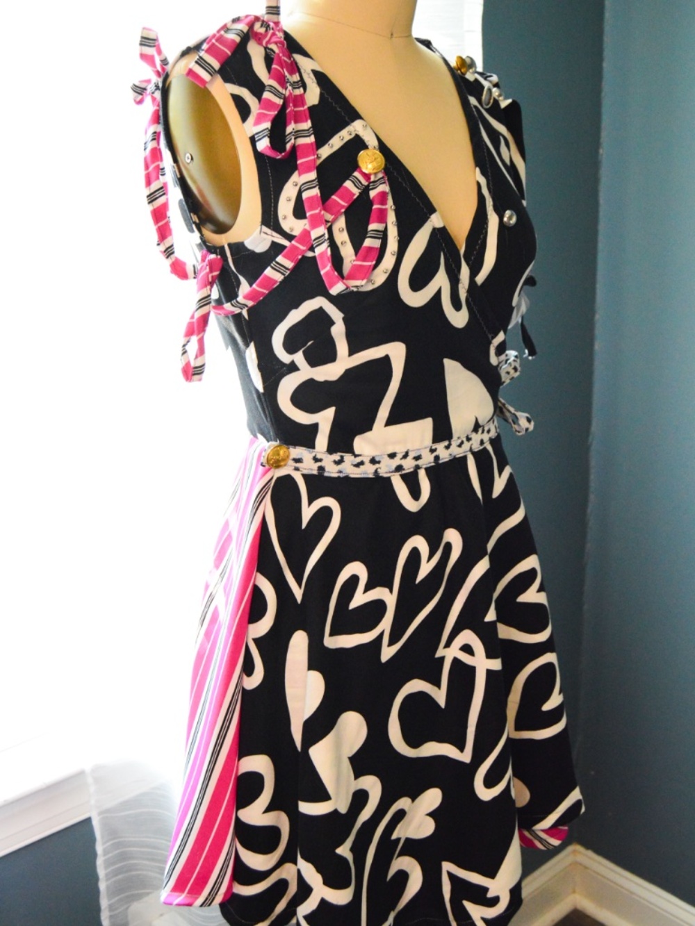 One of One Handmade Black & Pink Heart and Stripe One Sleeve Asymmetric Dress S